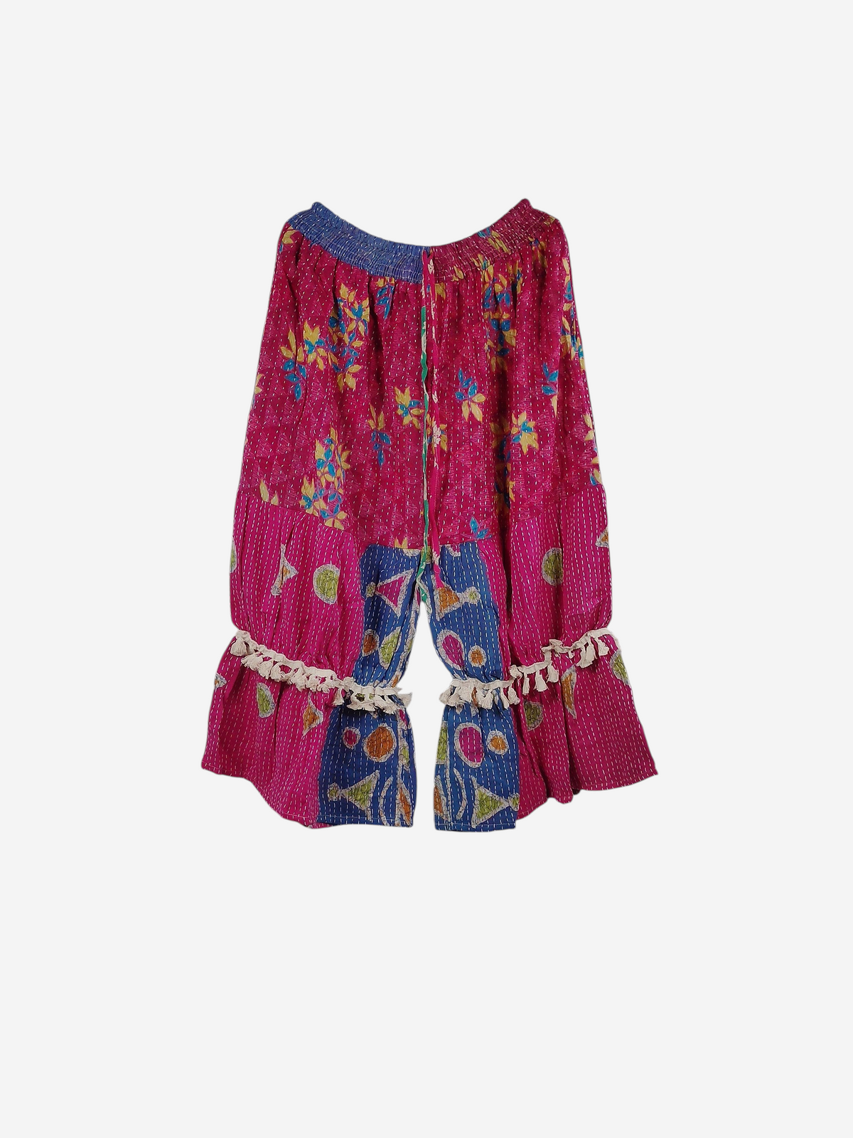 She Lives Beauty Heritage Whisper Kantha bloomers in pink vintage cotton sari fabric with tassel trim and floral print