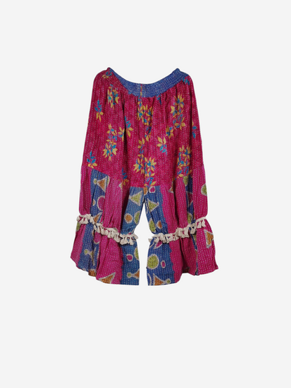 She Lives Beauty Heritage Whisper Kantha bloomers in pink vintage cotton sari fabric with floral patterns and tassels.