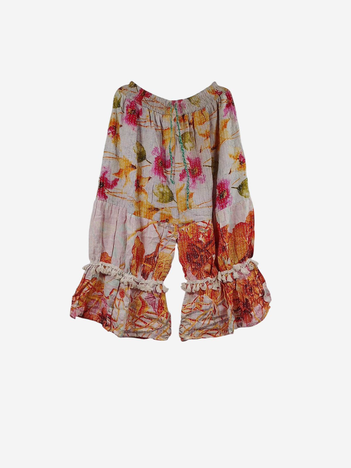 She Lives Beauty Heritage Whisper Kantha bloomers in vintage floral cotton with traditional hand stitching and ruffles