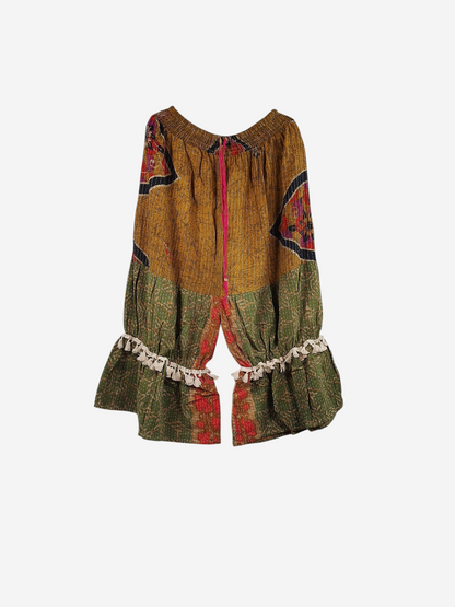 She Lives Beauty Heritage Whisper Kantha bloomers in vintage cotton sari fabric with tassel trim and relaxed fit