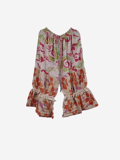 She Lives Beauty Heritage Whisper Kantha bloomers made from vintage cotton sari fabric with floral prints and ruffles.