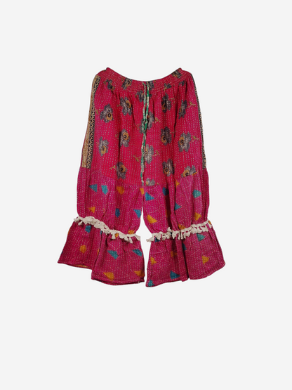 She Lives Beauty Heritage Whisper Kantha bloomers in pink vintage cotton sari fabric with ruffled hems and stitching.