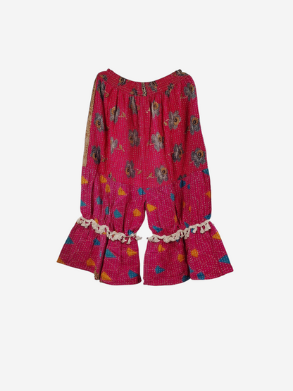 She Lives Beauty Heritage Whisper Kantha bloomers in pink vintage cotton sari fabric with floral prints and tassels.