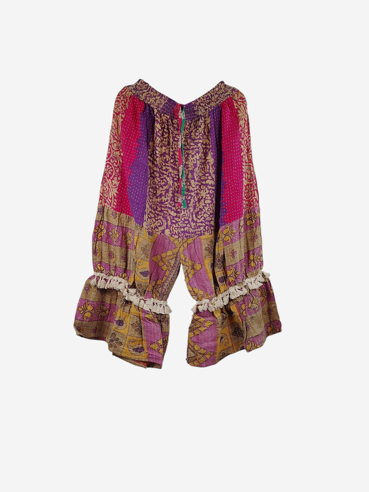She Lives Beauty Heritage Whisper Kantha bloomers in patchwork vintage cotton sari fabric with tassel trim details
