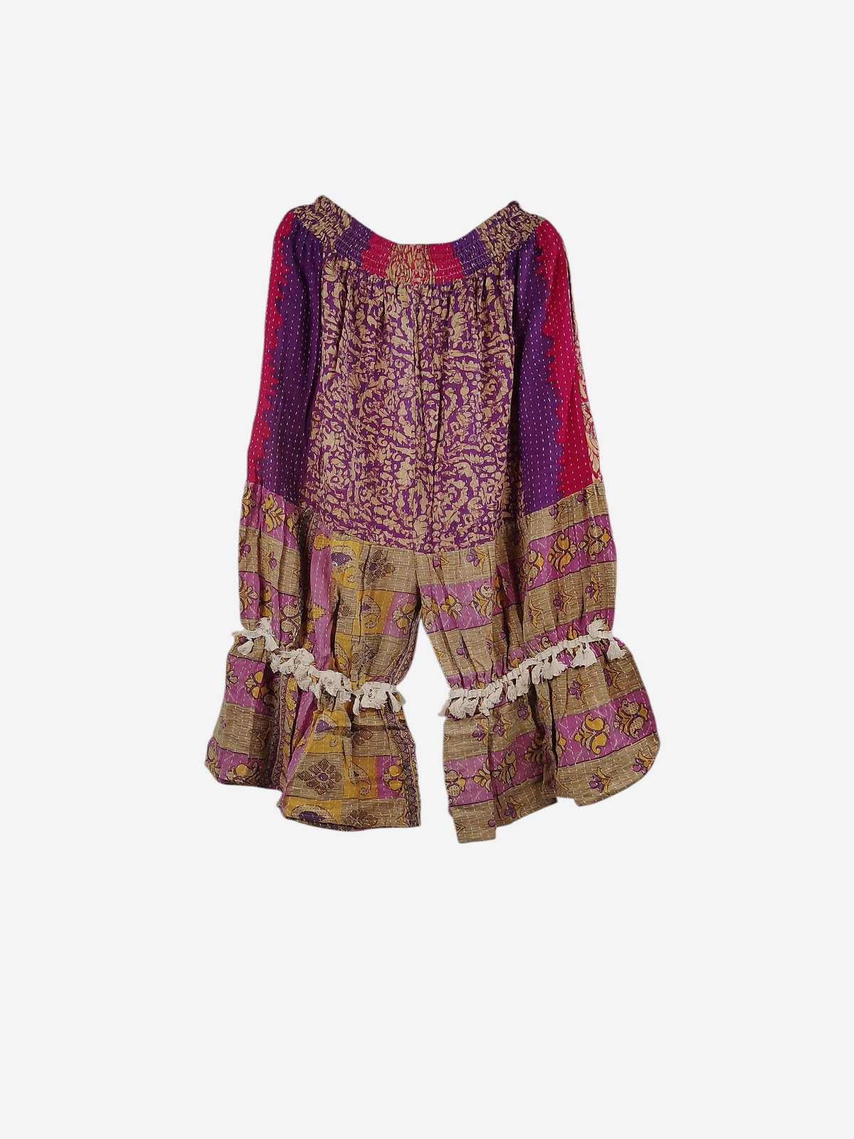 She Lives Beauty Heritage Whisper Kantha bloomers in vintage cotton sari fabric with pink and gold floral patterns.