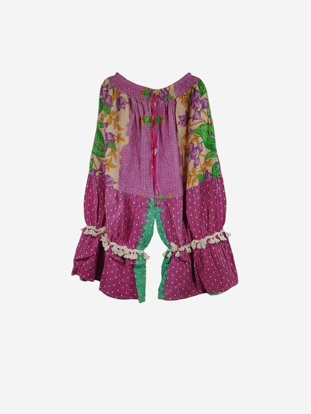 She Lives Beauty Heritage Whisper Kantha bloomers in pink and green vintage cotton sari fabric with ruffled trim.