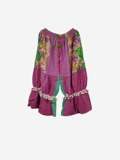 She Lives Beauty Heritage Whisper Kantha bloomers in pink and green vintage cotton sari fabric with ruffled trim.