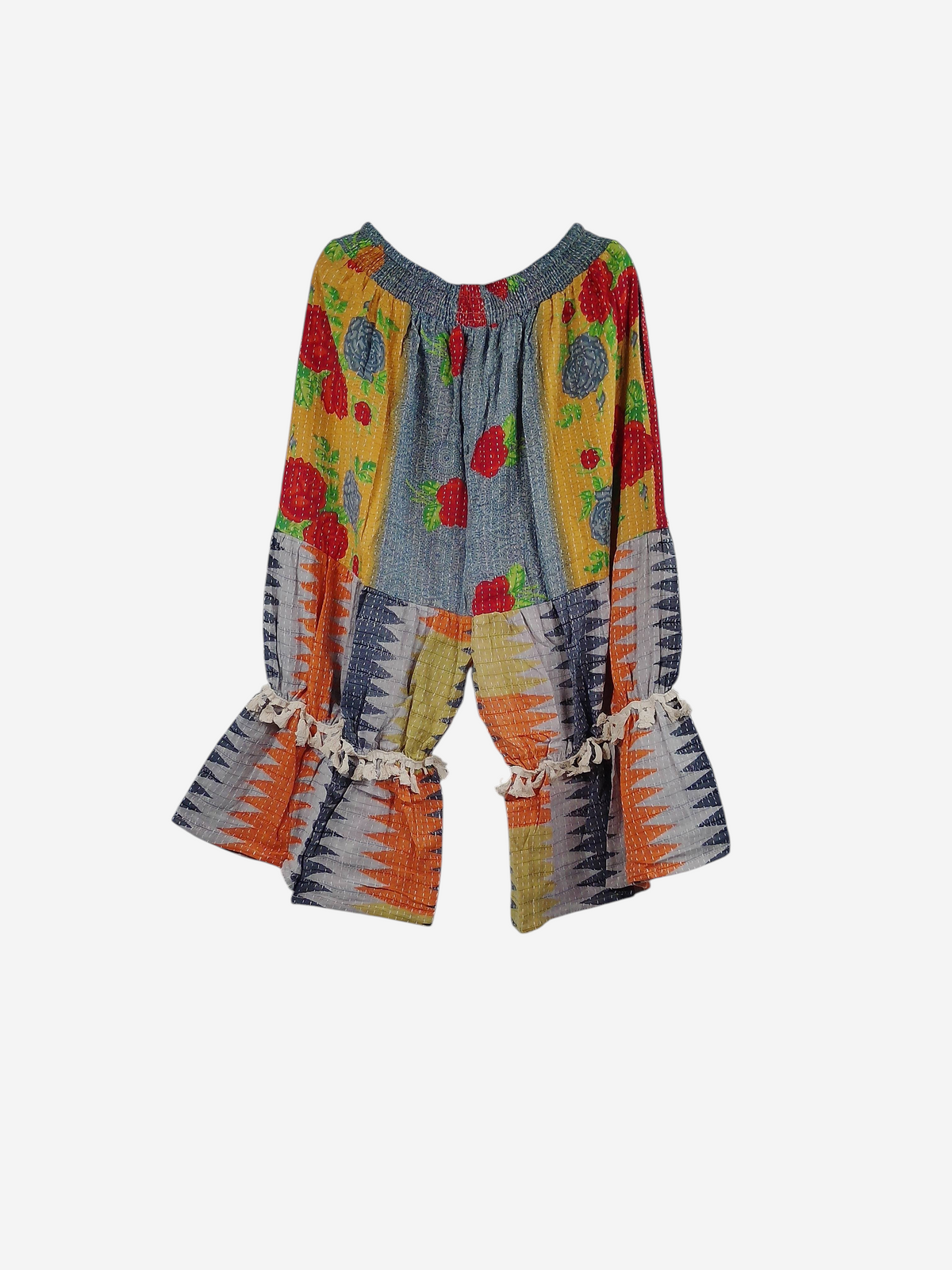 She Lives Beauty Heritage Whisper Kantha bloomers made from vintage cotton saris with colorful patchwork and tassels.
