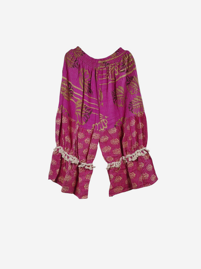 She Lives Beauty Heritage Whisper Kantha bloomers in pink vintage cotton sari fabric with traditional hand stitching.