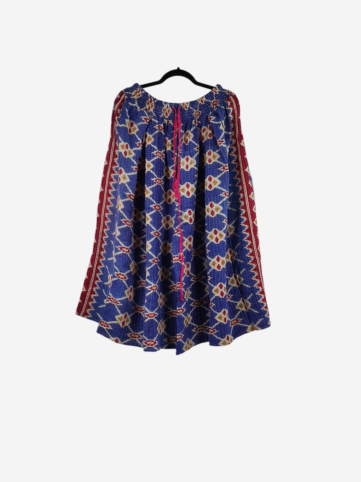 She Lives Beauty Pachuco Kantha capri pants in blue vintage cotton with red and cream geometric patterns and pleats