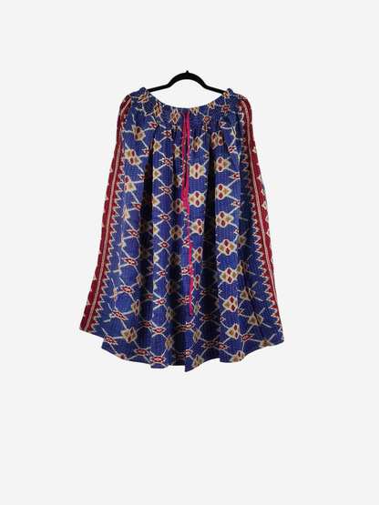 She Lives Beauty Pachuco Kantha capri pants in blue vintage cotton with red and cream geometric patterns and pleats