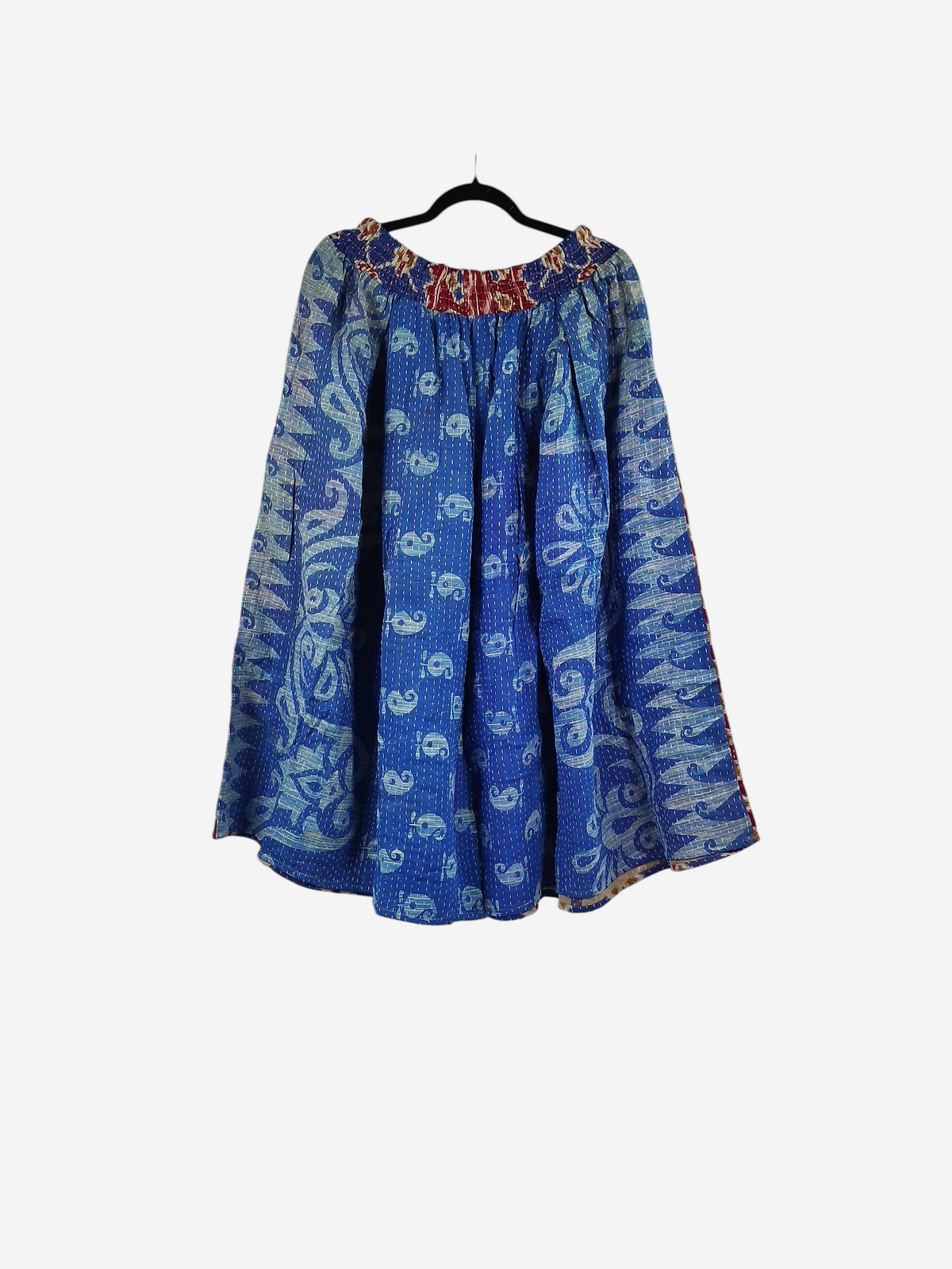 She Lives Beauty Pachuco Kantha capri pants in blue vintage cotton with intricate paisley patterns and pleats