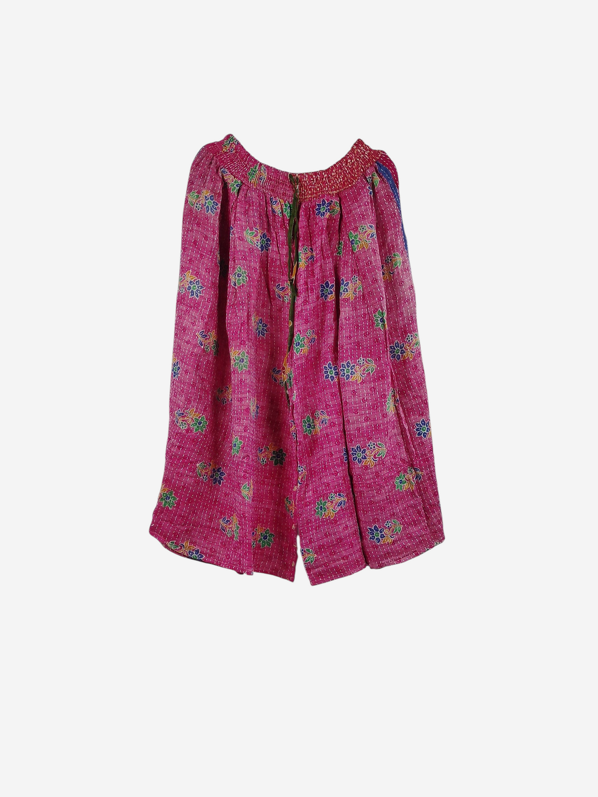She Lives Beauty Pachuco Kantha capri pants in vibrant pink vintage cotton with colorful floral embroidery