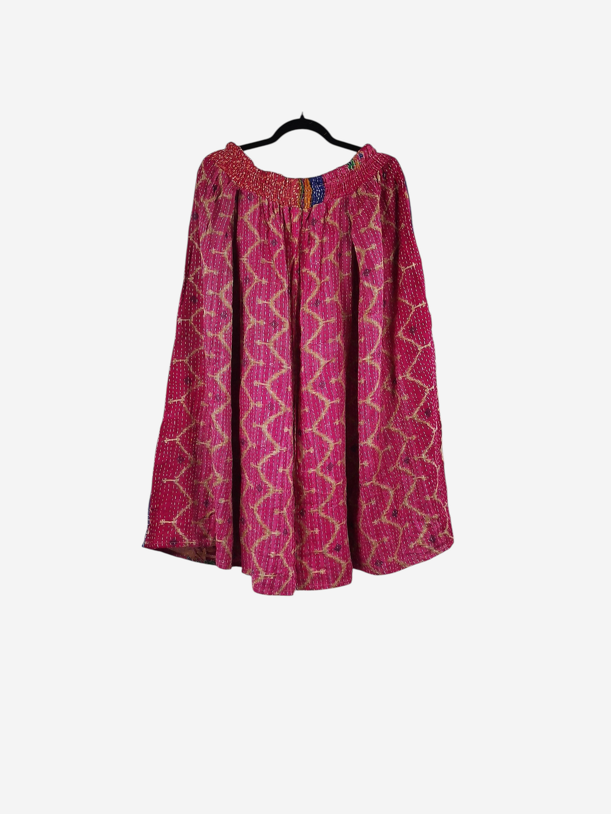 She Lives Beauty Pachuco Kantha capri pants in pink vintage cotton with intricate stitched patterns and pleated design
