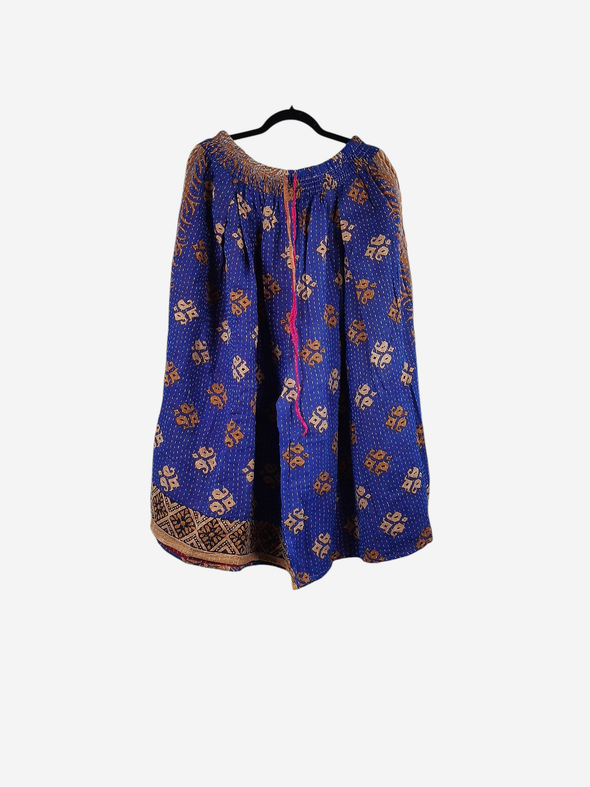 She Lives Beauty Pachuco capri pants in blue vintage Kantha cotton with orange patterned stitching and pleats