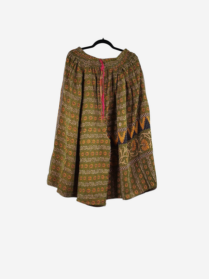She Lives Beauty Pachuco Kantha capri pants in olive green vintage cotton with intricate floral patterns and pleats.