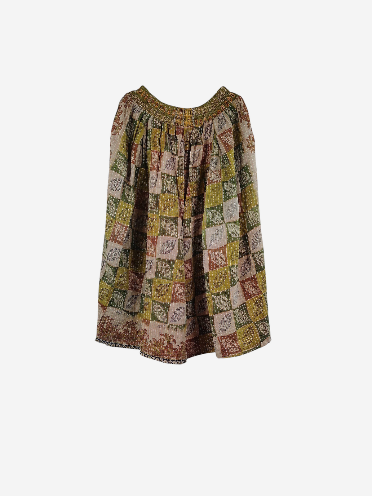 She Lives Beauty Pachuco Kantha capri pants in vintage cotton with a multi-colored leaf pattern and pleated design.