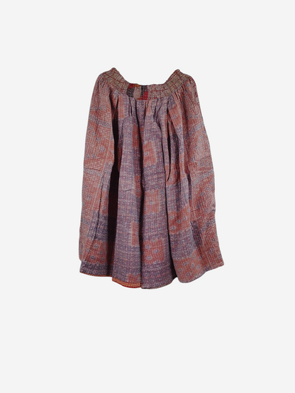 She Lives Beauty Pachuco Kantha capri pants in vintage cotton with pink and purple bohemian patterns and pleats