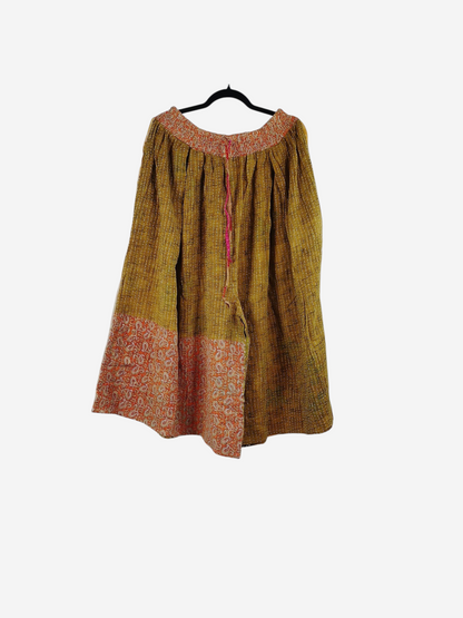 She Lives Beauty Pachuco Kantha capri pants in mustard yellow vintage cotton with orange paisley print and pleats.