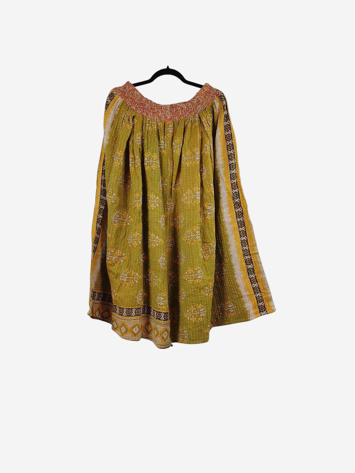 She Lives Beauty Pachuco Kantha capri pants in olive green vintage cotton with intricate floral patterns and pleats
