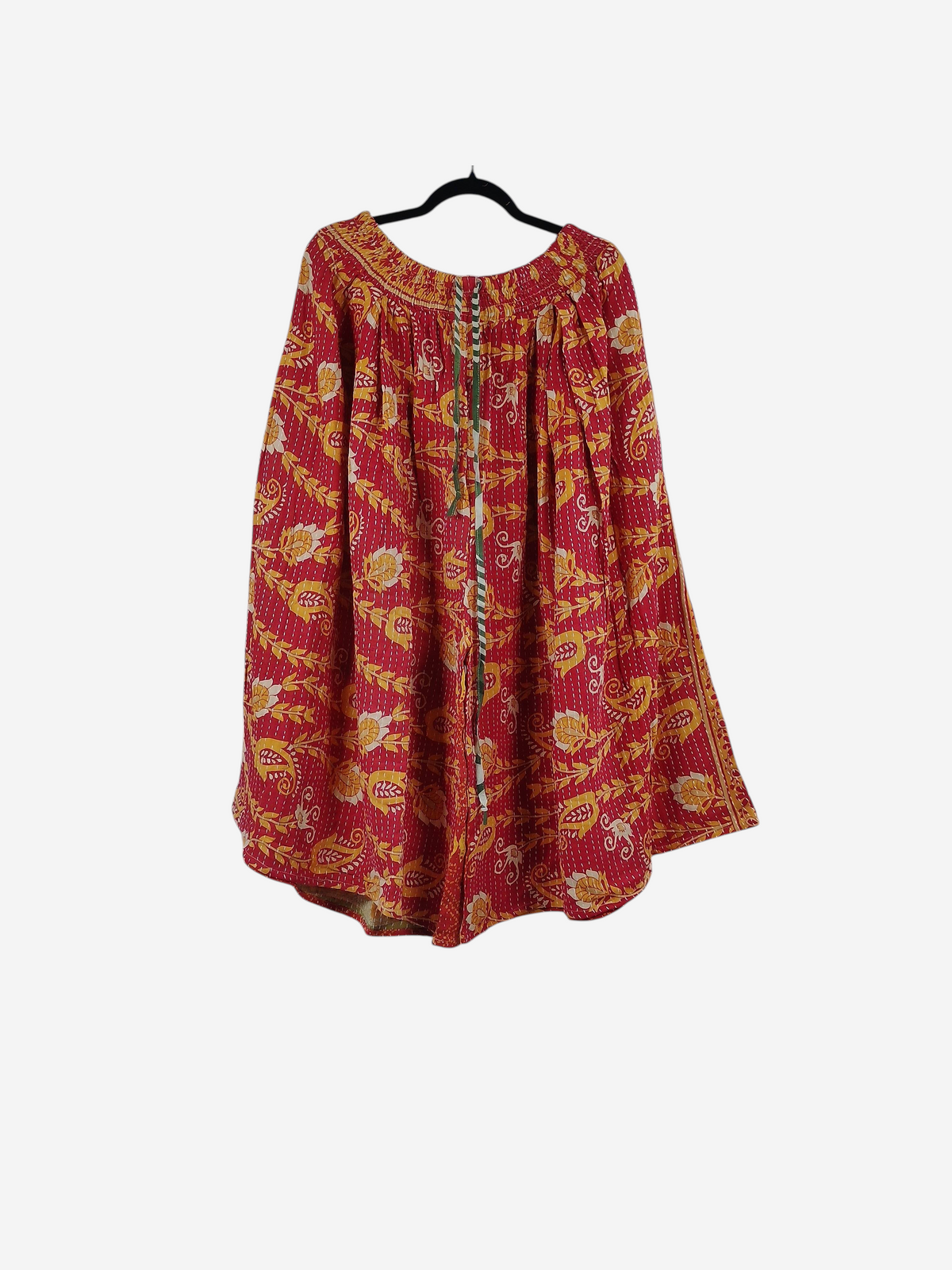 She Lives Beauty Pachuco Kantha capri pants in red and yellow vintage cotton sari fabric with pleated details