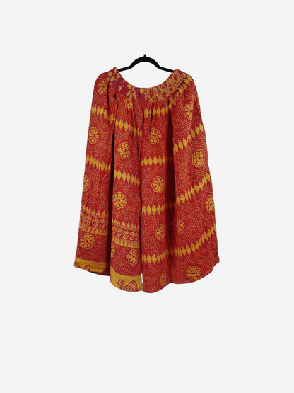 She Lives Beauty Pachuco Kantha capri pants in red and yellow vintage cotton with floral patterns and pleated design
