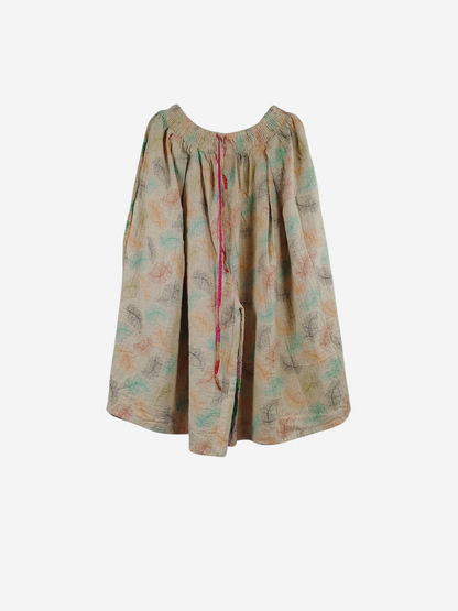 She Lives Beauty Pachuco Kantha capri pants in vintage cotton with a cream base and colorful leaf print pattern