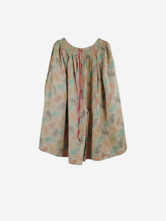 She Lives Beauty Pachuco Kantha capri pants in vintage cotton with a cream base and colorful leaf print pattern