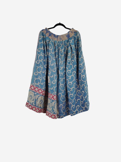 She Lives Beauty Pachuco Kantha capri pants in blue vintage cotton with intricate white swirls and red border details.