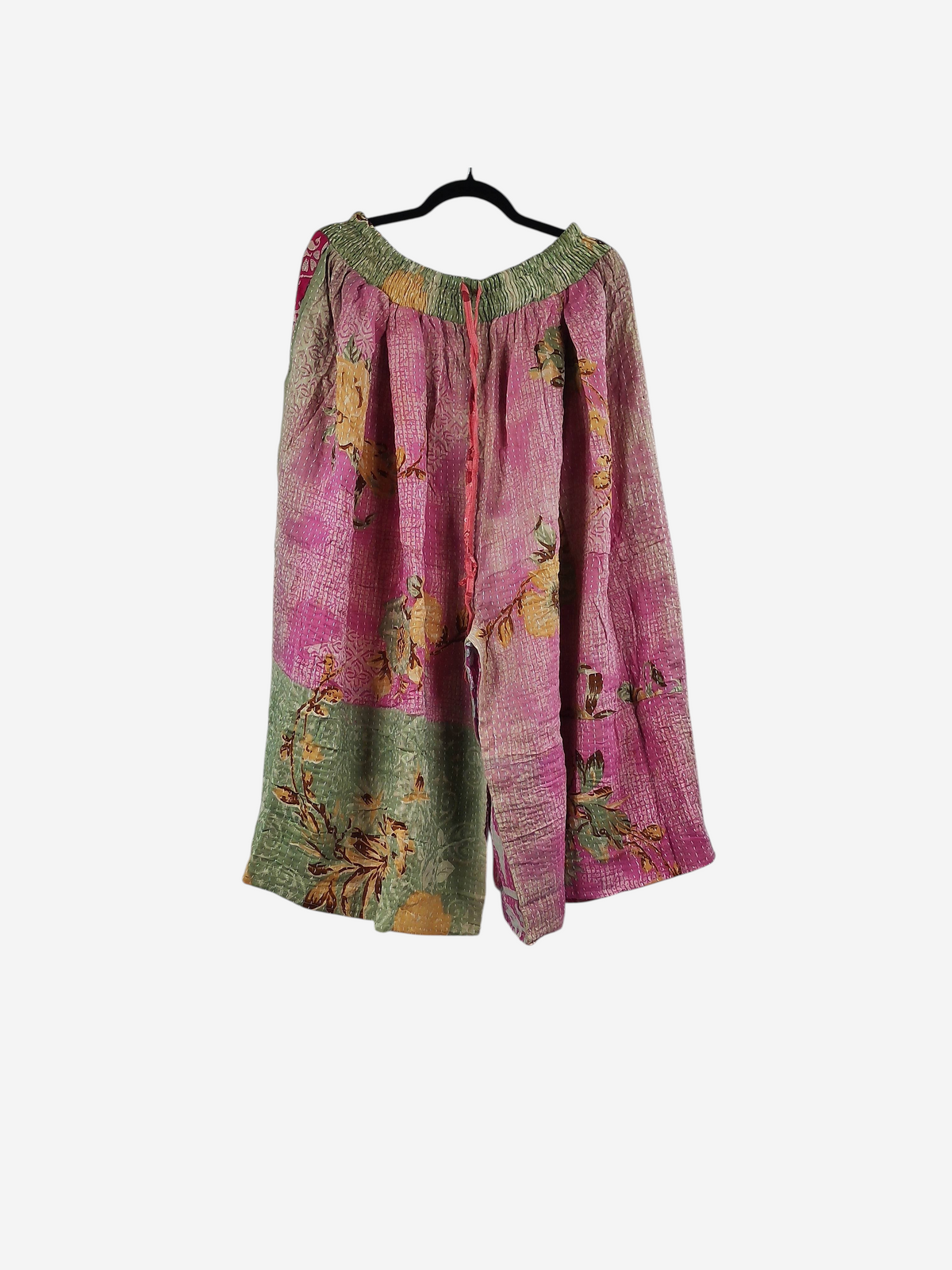 She Lives Beauty Pachuco Kantha capri pants in pink and green vintage cotton with floral patterns and pleated details.