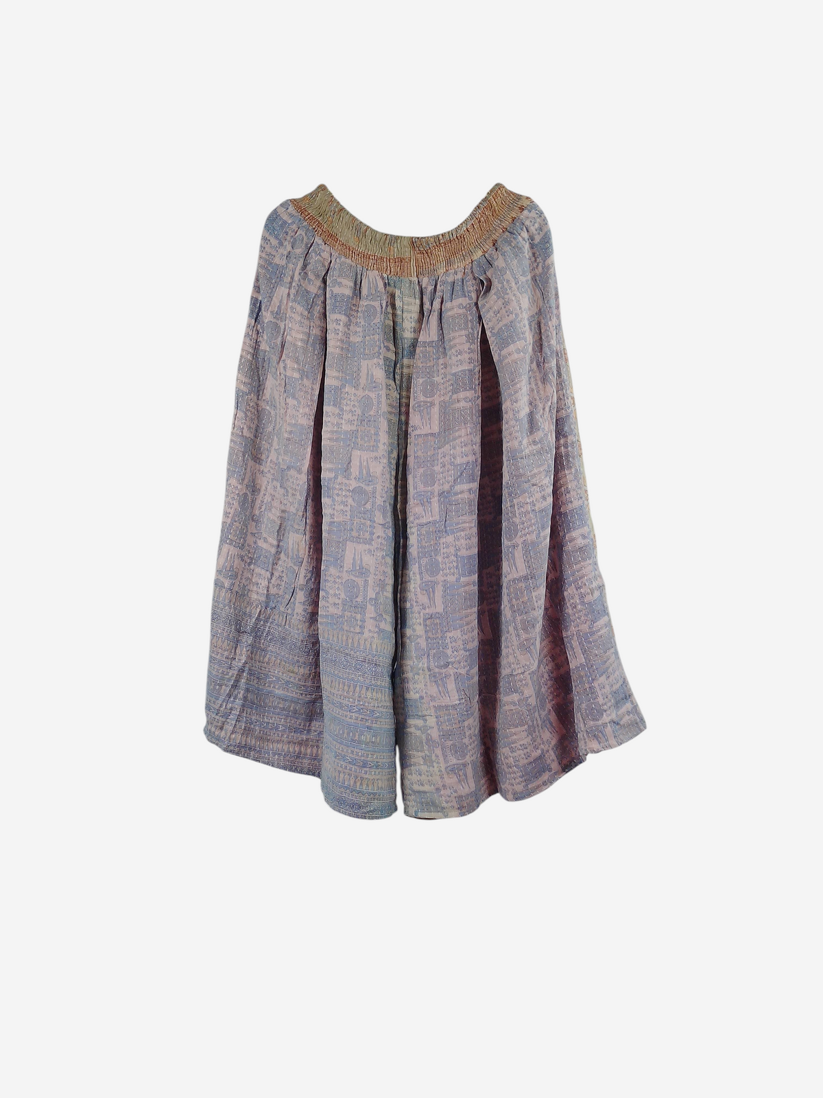 She Lives Beauty Pachuco Kantha capri pants in pastel vintage cotton with pleats and a relaxed bohemian fit.