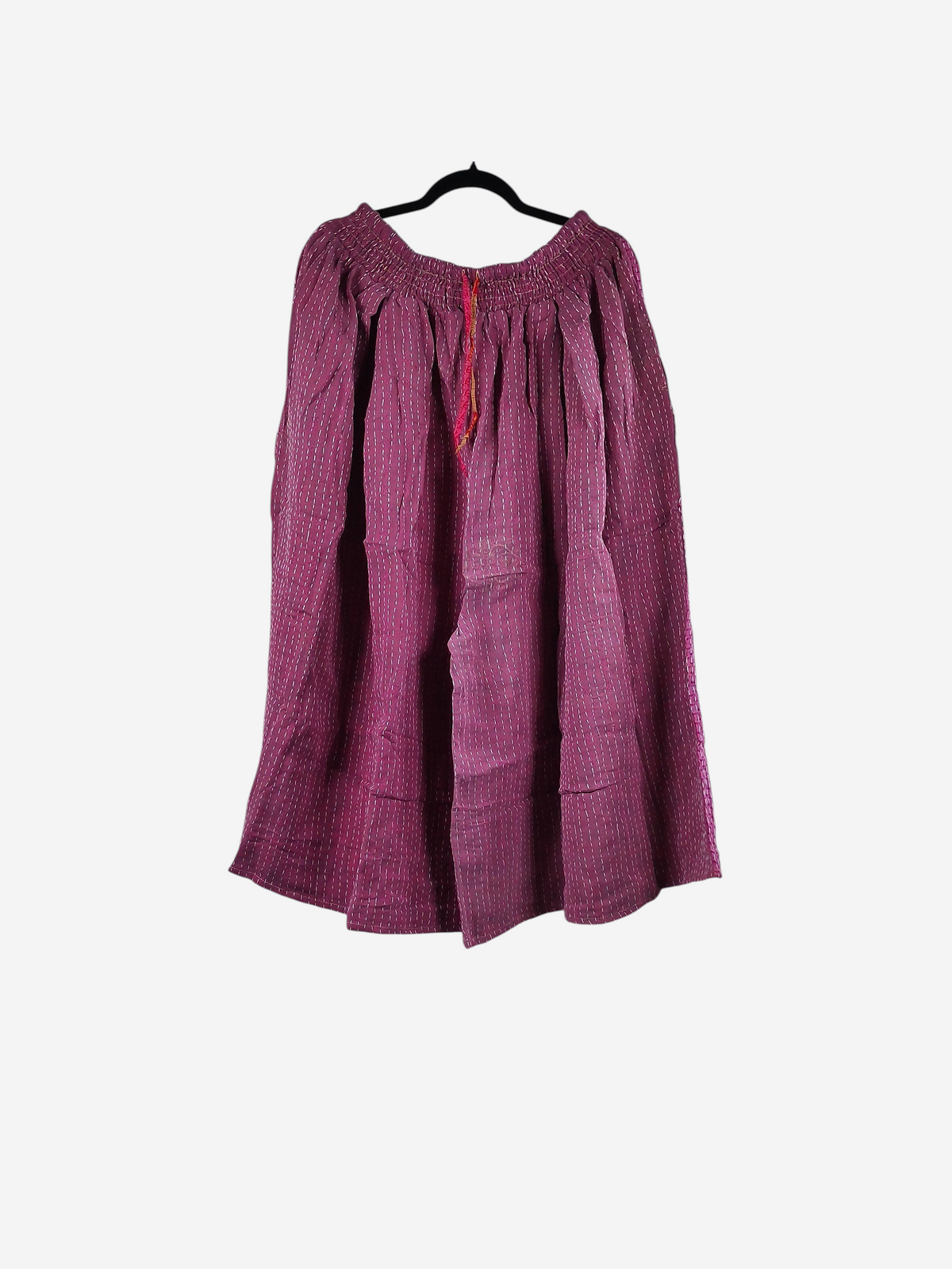 She Lives Beauty Pachuco Kantha capri pants in deep magenta vintage cotton with white stitched detailing.