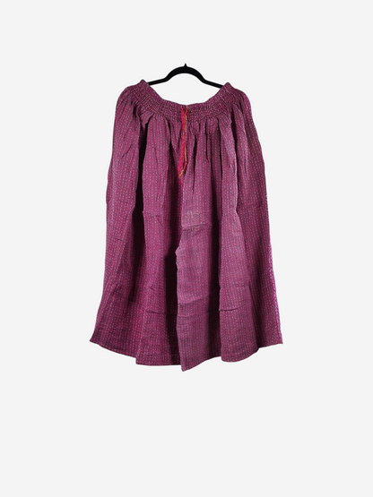 She Lives Beauty Pachuco Kantha capri pants in deep magenta vintage cotton with white stitched detailing.