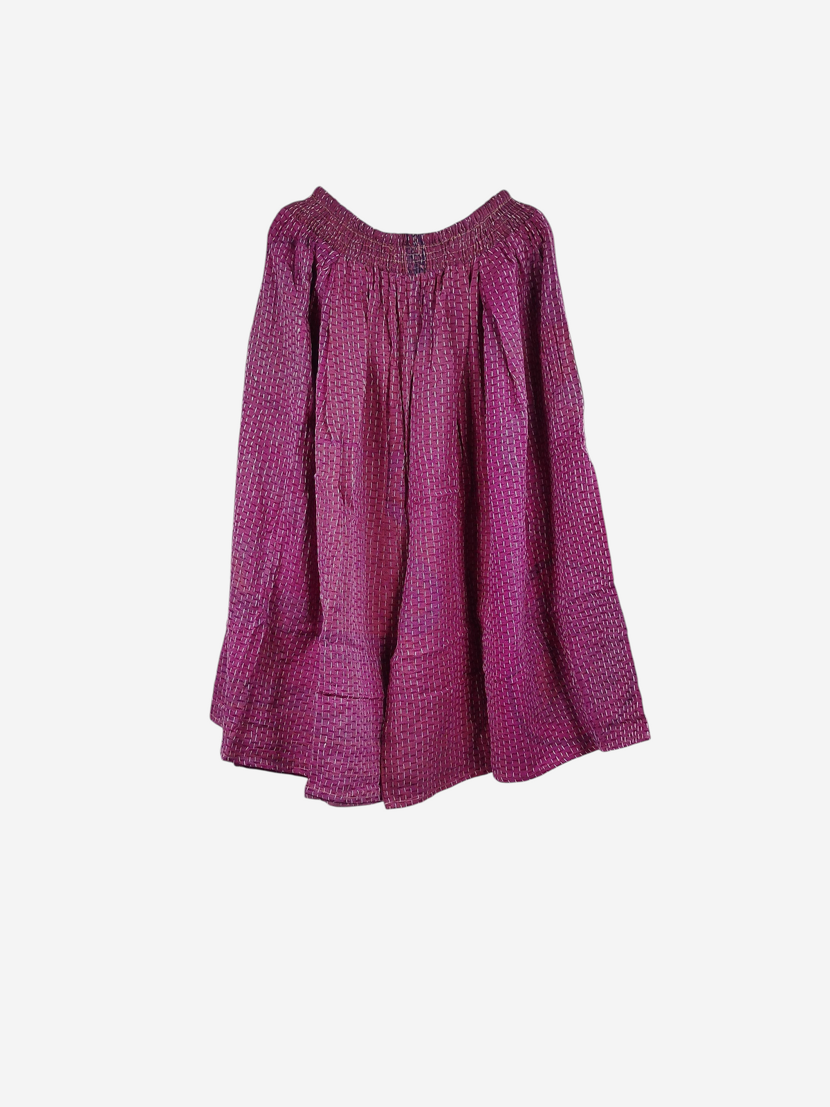 She Lives Beauty Pachuco Kantha capri pants in magenta vintage cotton with intricate stitching and pleated design.