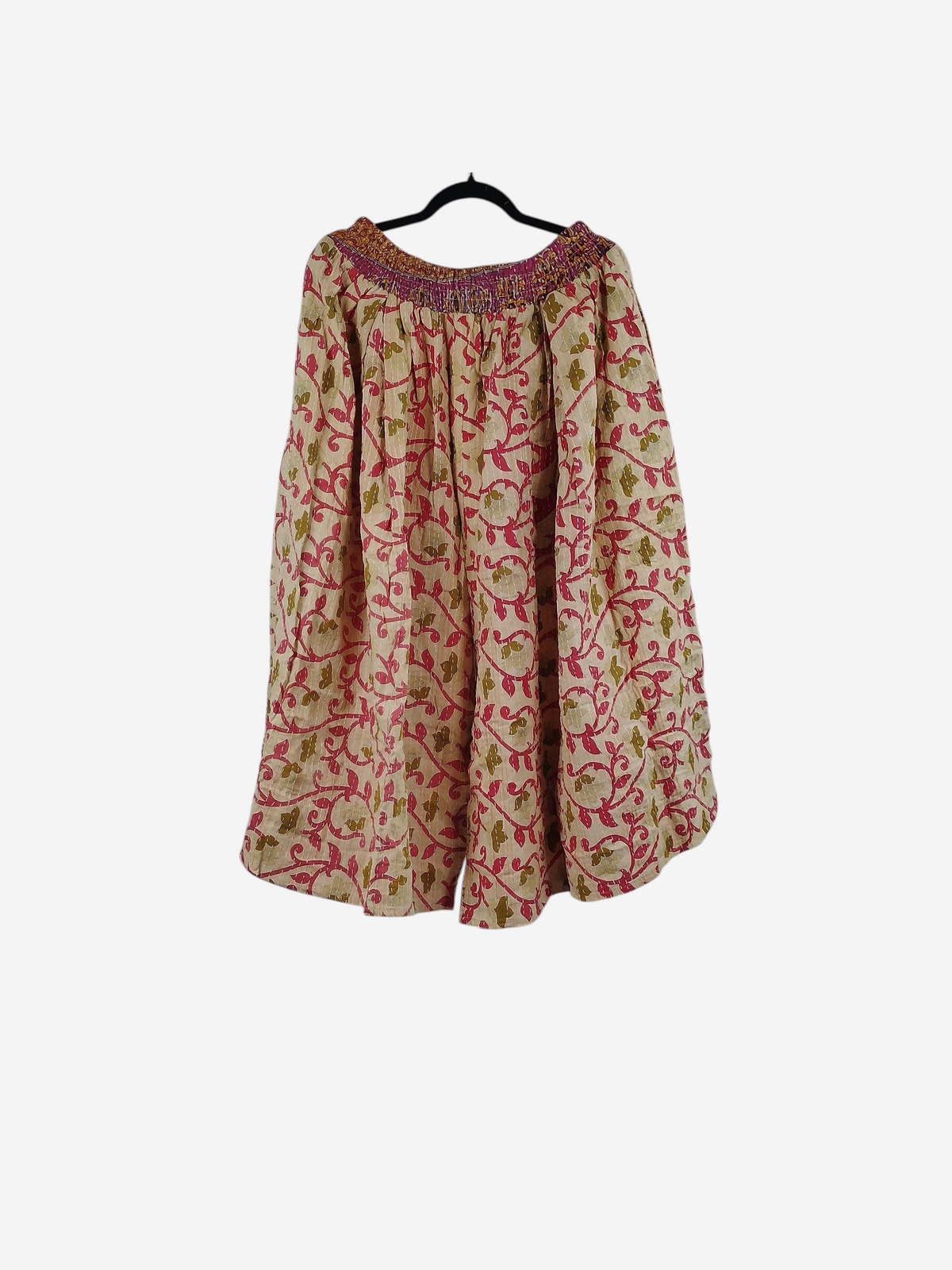 She Lives Beauty Pachuco Kantha capri pants in vintage cotton with pink and green floral print and pleated waist.