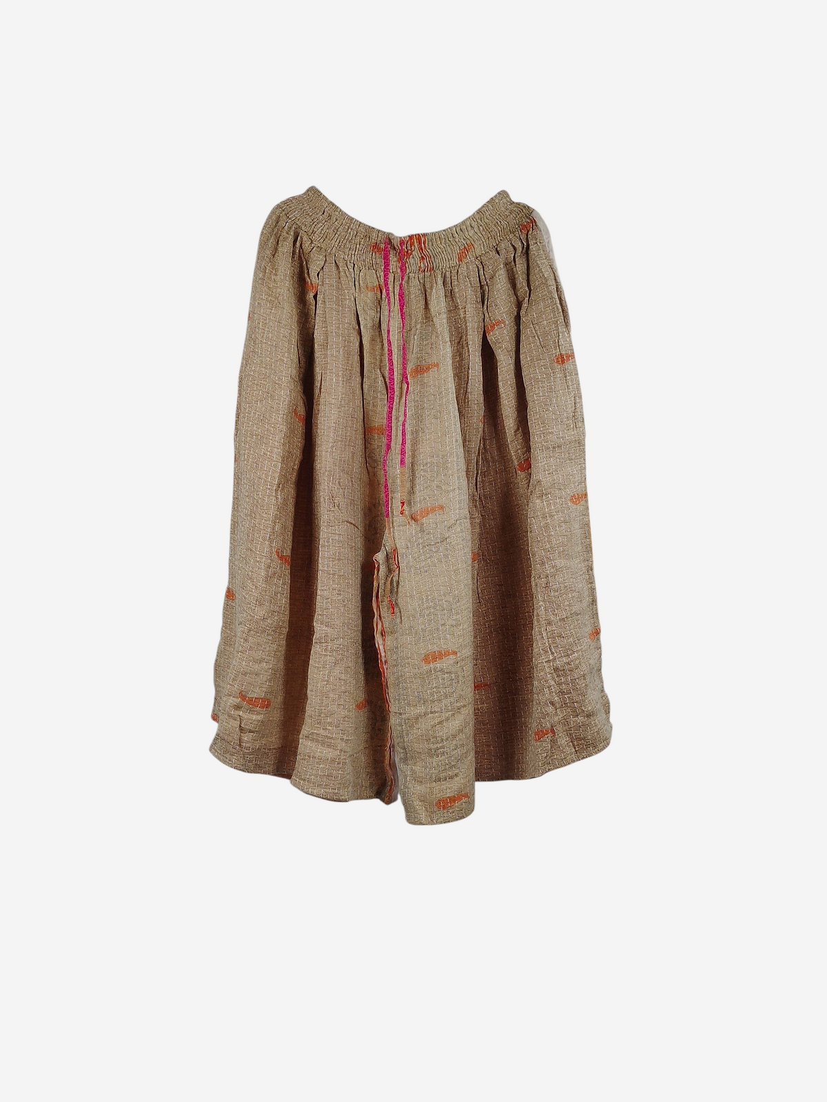 She Lives Beauty Pachuco Kantha capri pants in beige vintage cotton with orange embroidery and a pink drawstring waist