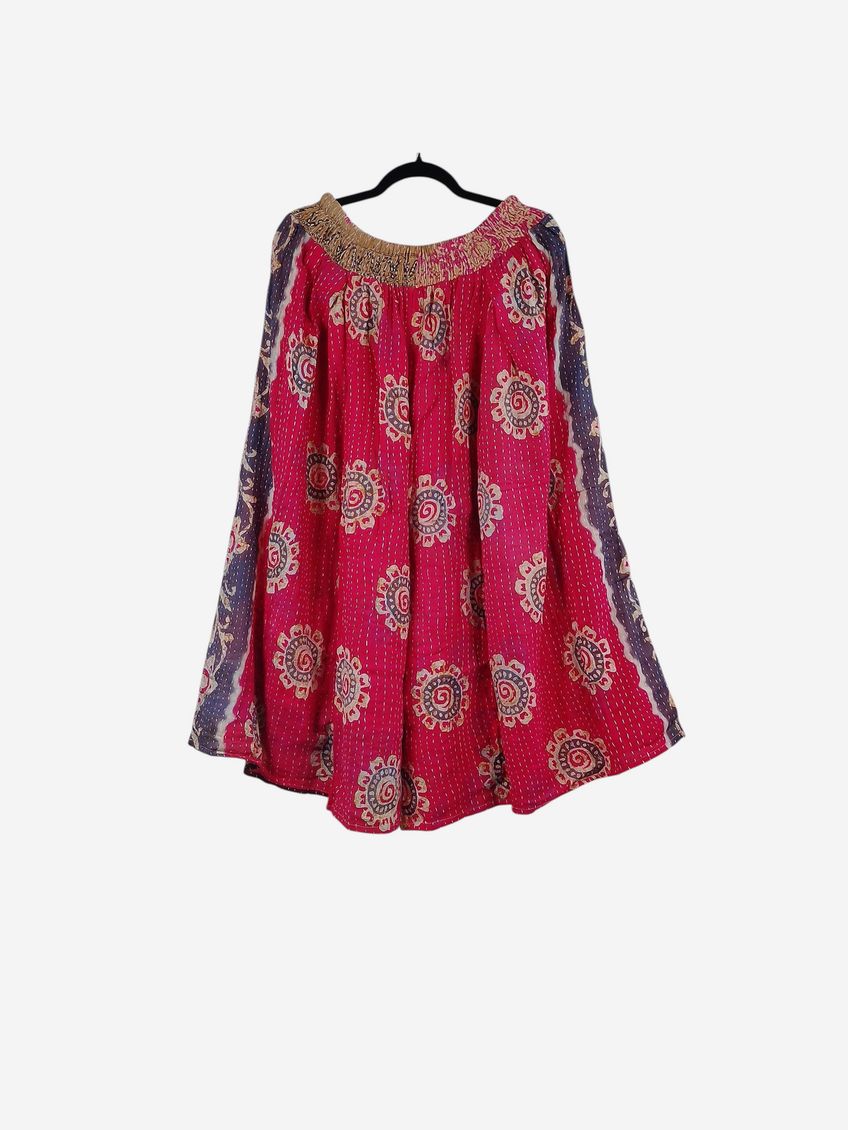 She Lives Beauty Pachuco Kantha capri pants in vibrant pink vintage cotton with floral patterns and pleated detail.