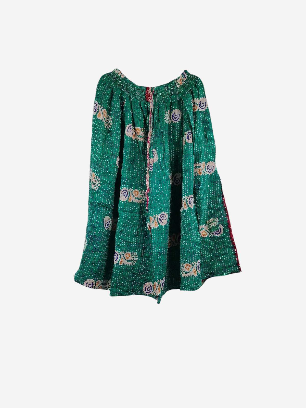 She Lives Beauty Pachuco Kantha capri pants in green vintage cotton with colorful floral patterns and pleated detail.