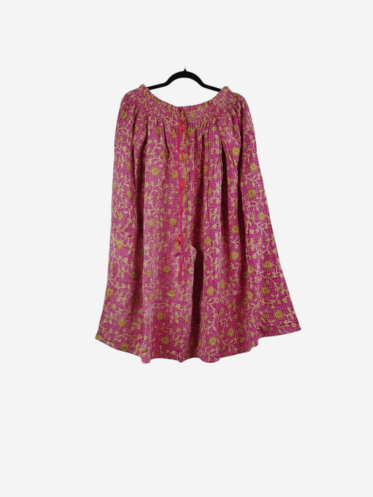 She Lives Beauty Pachuco Kantha capri pants in pink vintage cotton with yellow floral patterns and pleated details.