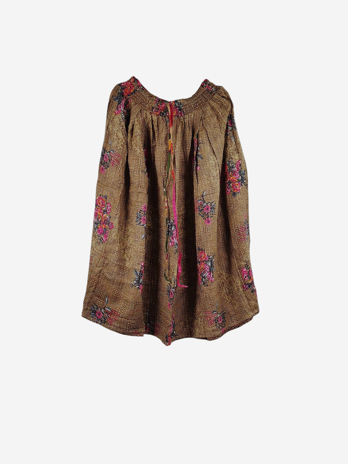 She Lives Beauty Pachuco Kantha capri pants in brown vintage cotton with floral patterns and pleated flowy silhouette