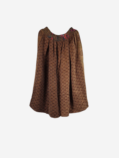 She Lives Beauty Pachuco Kantha capri pants in brown vintage cotton with intricate stitching and a pleated silhouette.