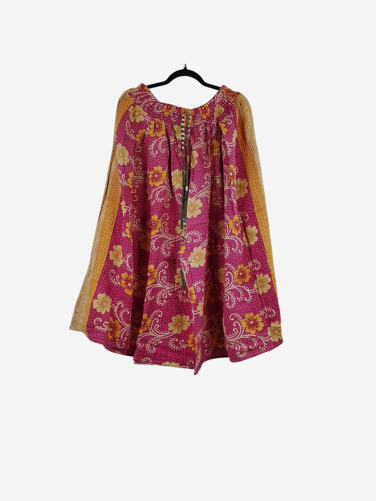 She Lives Beauty Pachuco Kantha capri pants in pink and yellow vintage cotton with floral patterns and pleats.