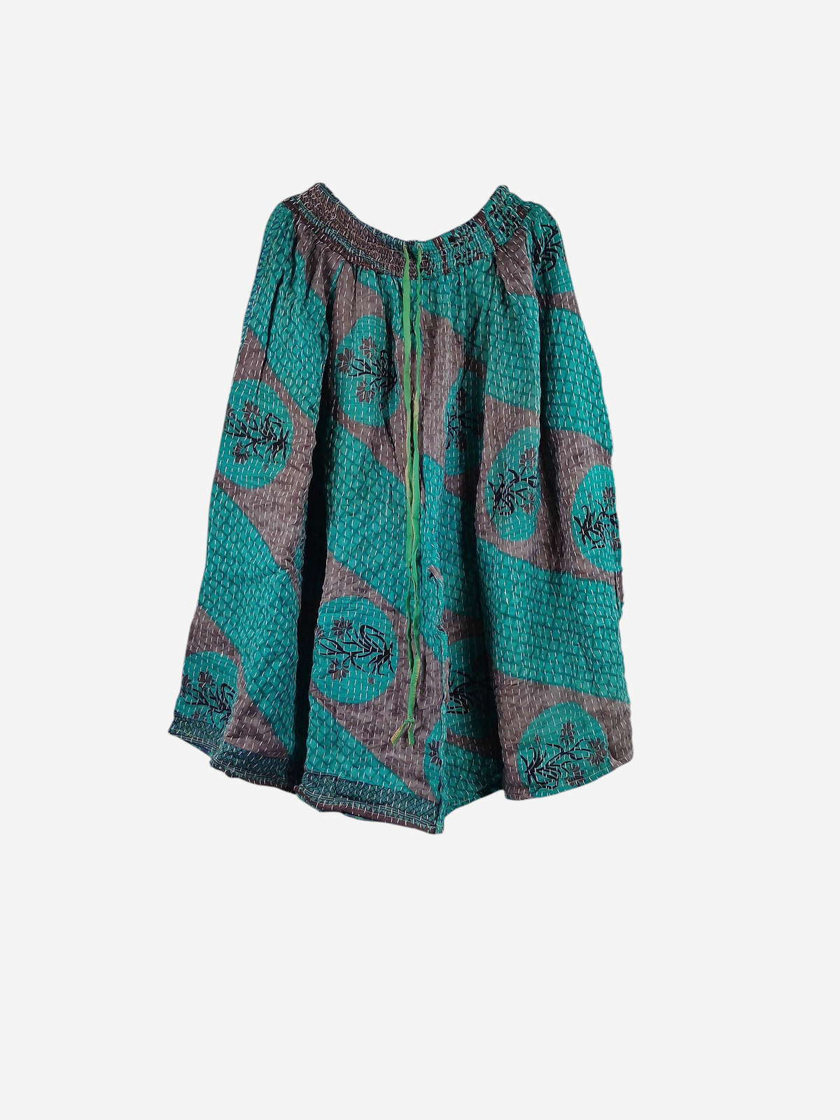 She Lives Beauty Pachuco Kantha capri pants in teal and brown vintage cotton with floral patterns and front pleats