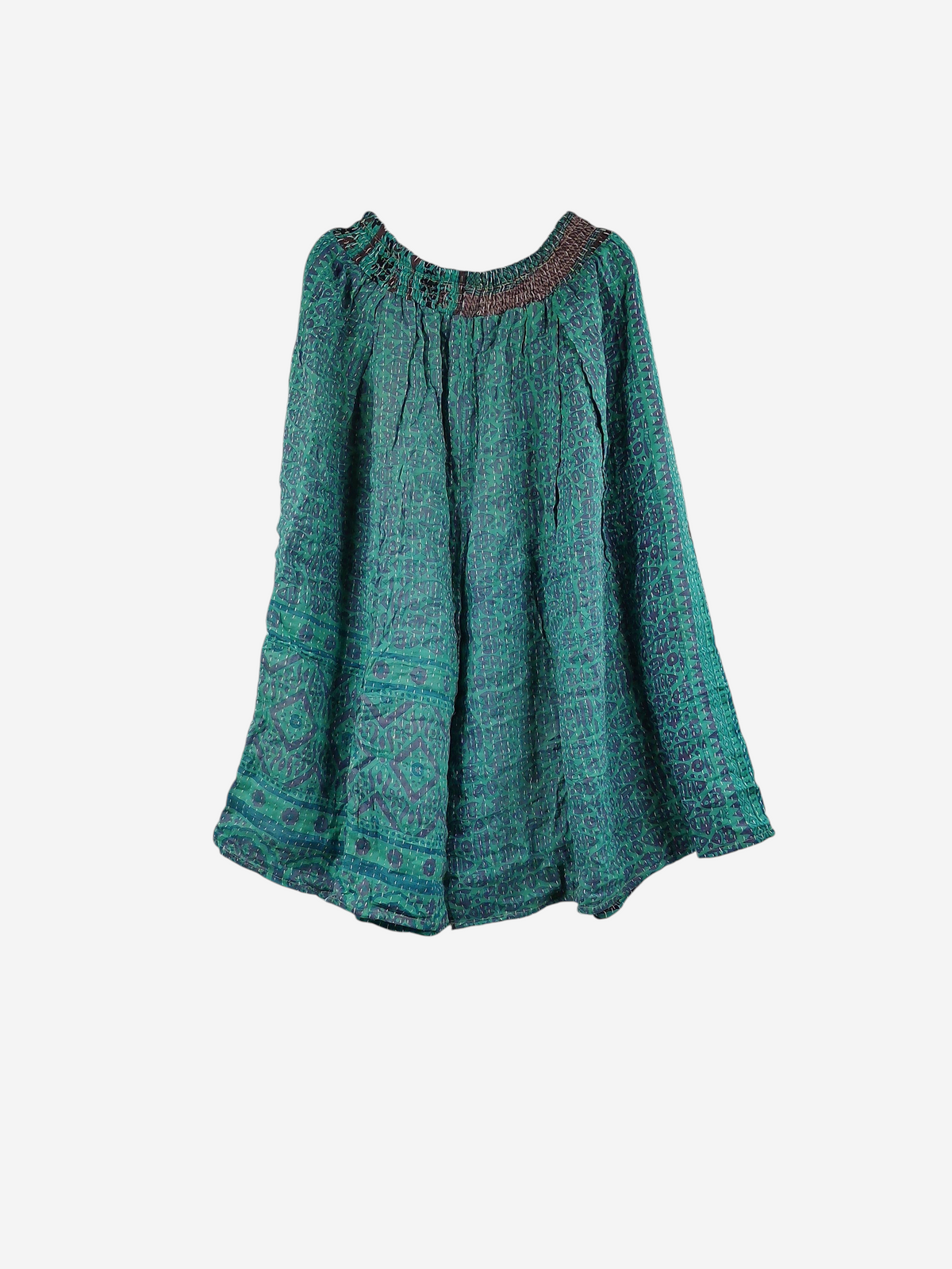 She Lives Beauty Pachuco Kantha capri pants in teal vintage cotton with intricate stitching and a relaxed fit.