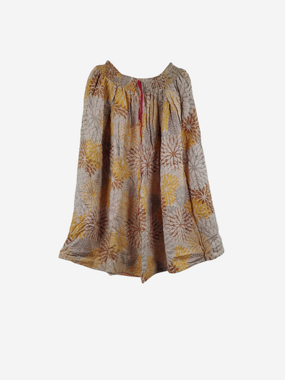 She Lives Beauty Pachuco Kantha capri pants in vintage cotton with yellow and brown floral patterns and pleated waist.