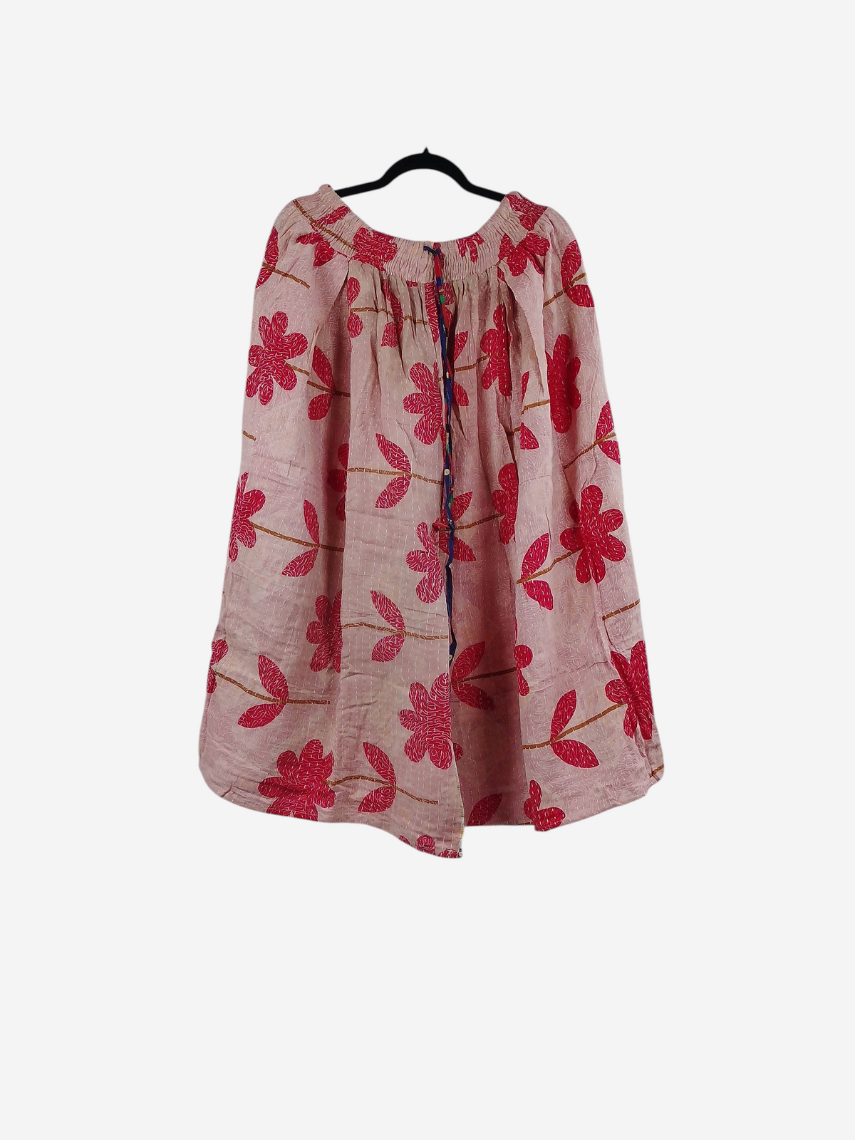 She Lives Beauty Pachuco Kantha capri pants in light pink vintage cotton with red floral embroidery and front pleats.