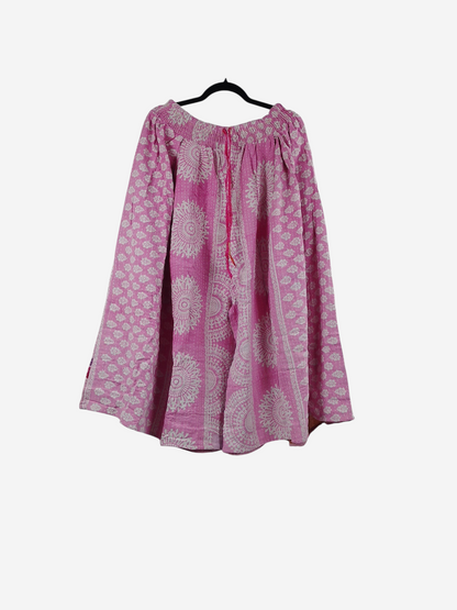 She Lives Beauty Pachuco Kantha capri pants in pink vintage cotton with white mandala patterns and pleated details.