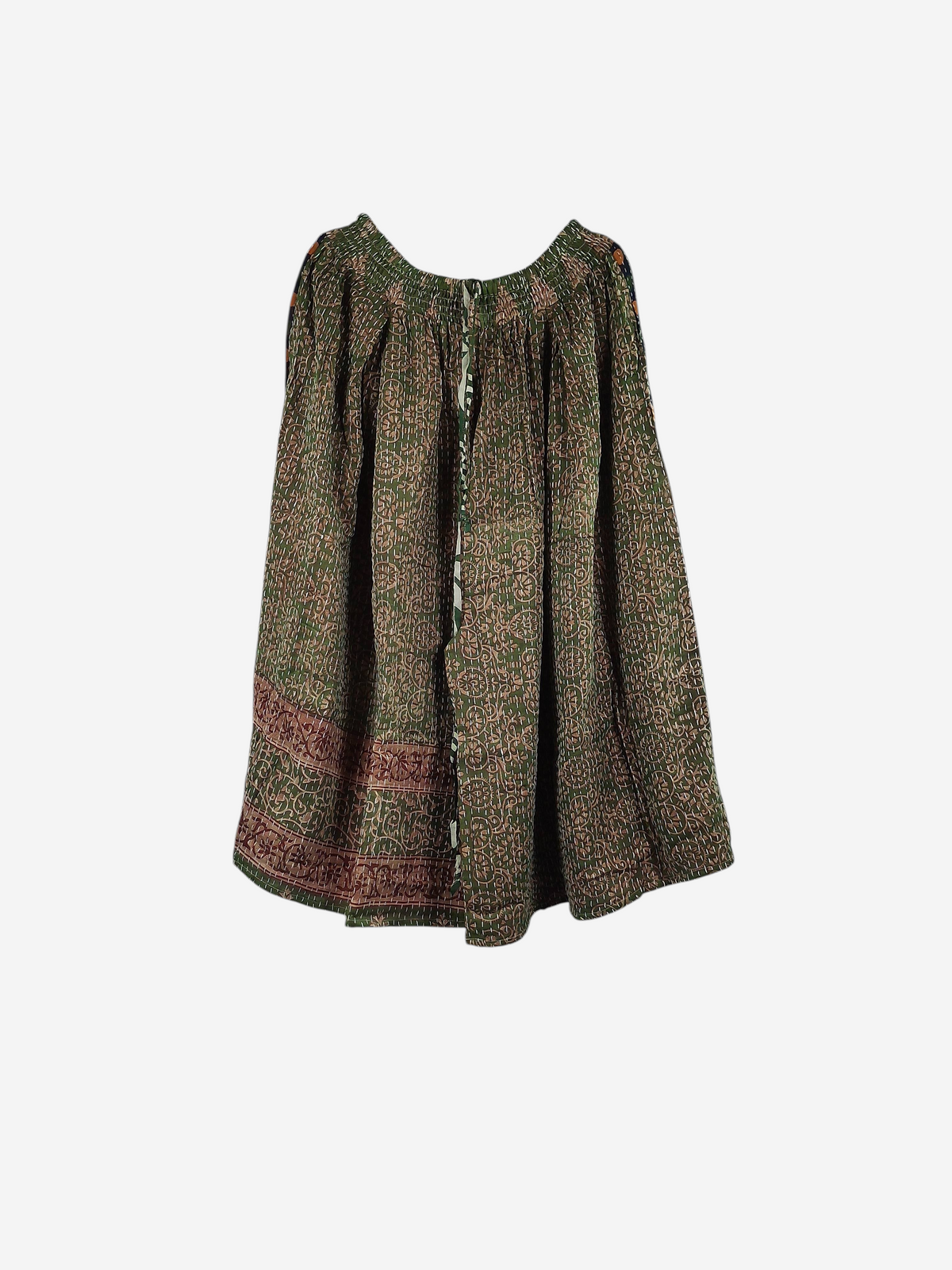 She Lives Beauty Pachuco Kantha capri pants in olive green vintage cotton with intricate floral patterns and pleats.