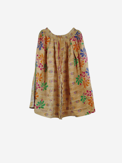 She Lives Beauty Pachuco Kantha capri pants in beige vintage cotton with colorful floral embroidery and pleated detail