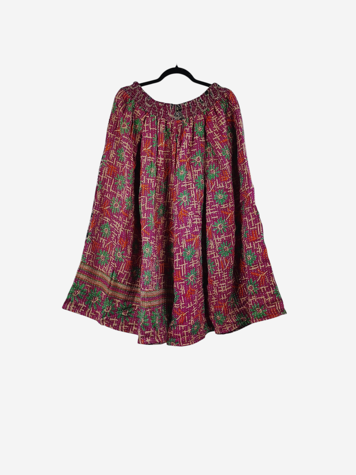 She Lives Beauty Pachuco Kantha capri pants in magenta vintage cotton with green and orange geometric patterns.